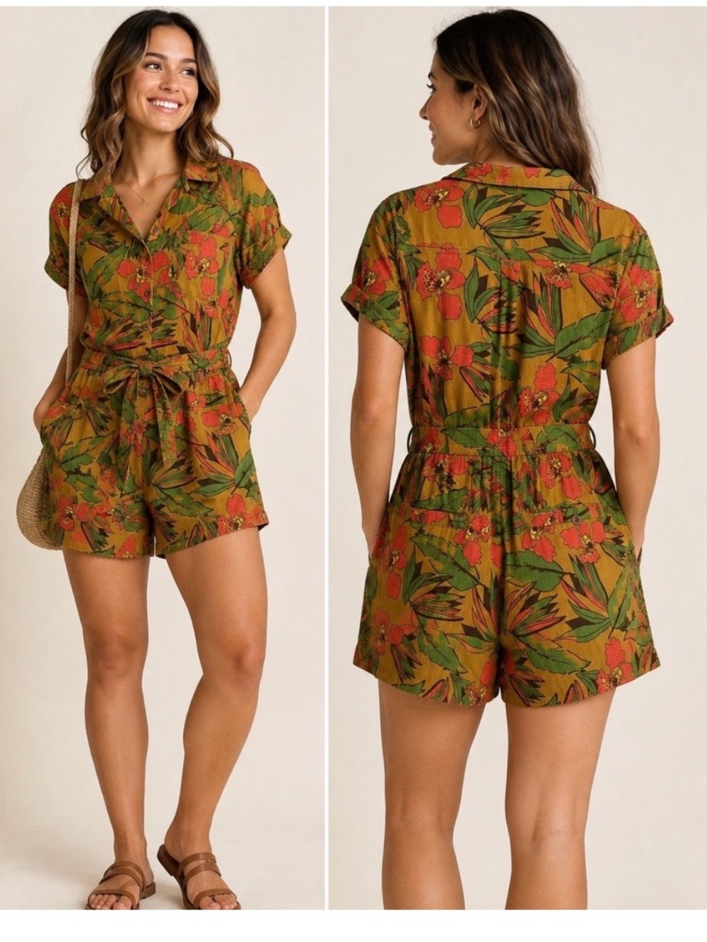 Toad&Co Camp Cove SS Romper Organic Cotton Tropical Floral Mustard Yellow S